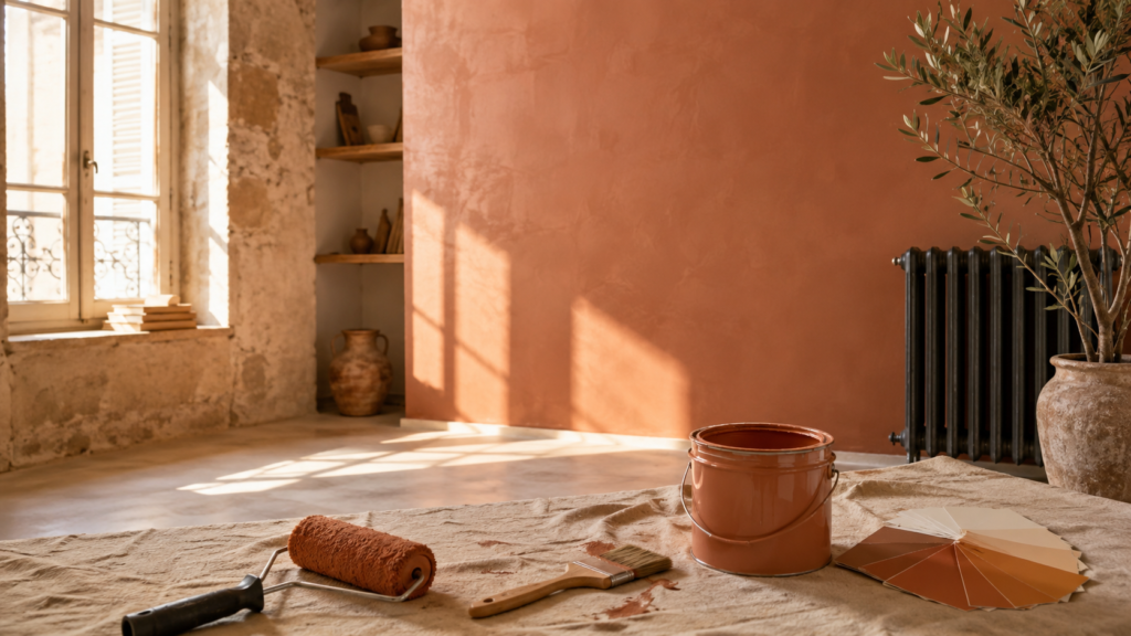 Mur peint en terracotta dans un intérieur ancien, avec rouleau, pinceau, pot de peinture et nuancier posés sur une bâche